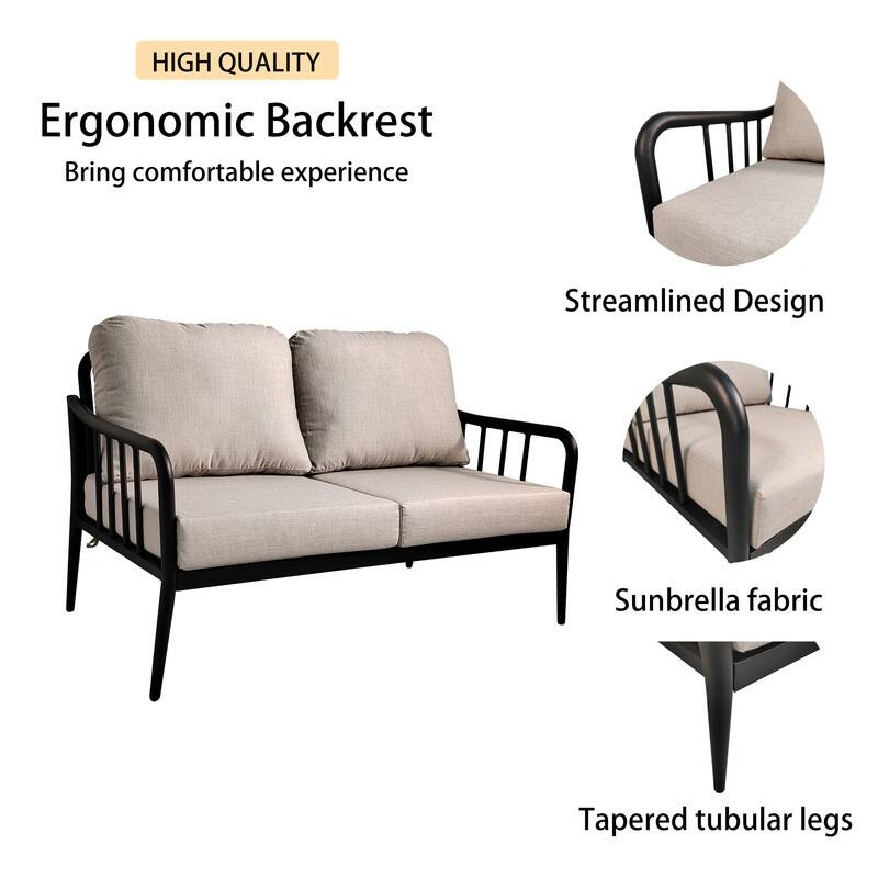‌2PC Outdoor Loveseat Set – Modern Chat Sofa, Sunbrella Cushions, White Carrara Marble-Look Stone Table
