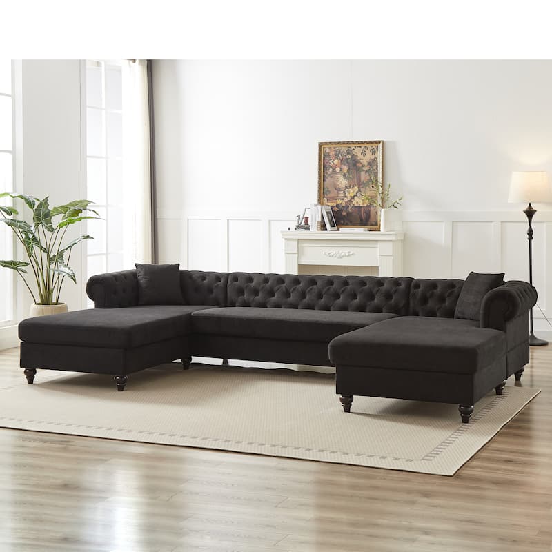 Chenille U-Shaped 5-Seater Sofa with Pull Point Design and Wooden Legs