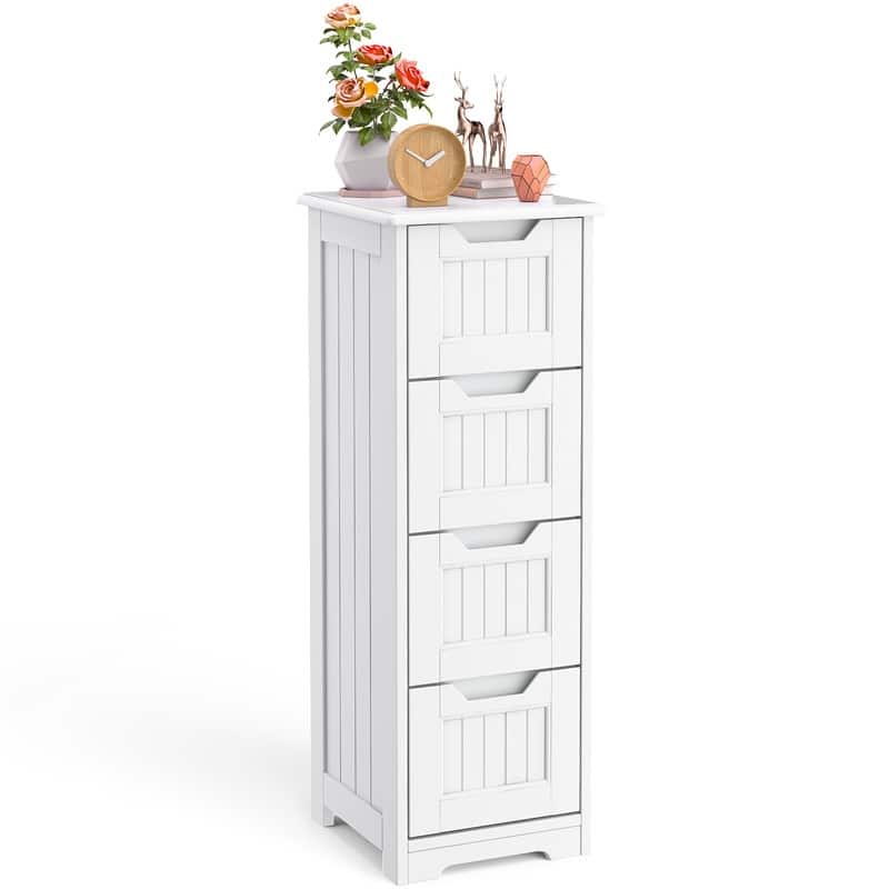 Bathroom freestanding floor standing storage cabinet with 4 drawers slim storage cabinet tall linen tower - White