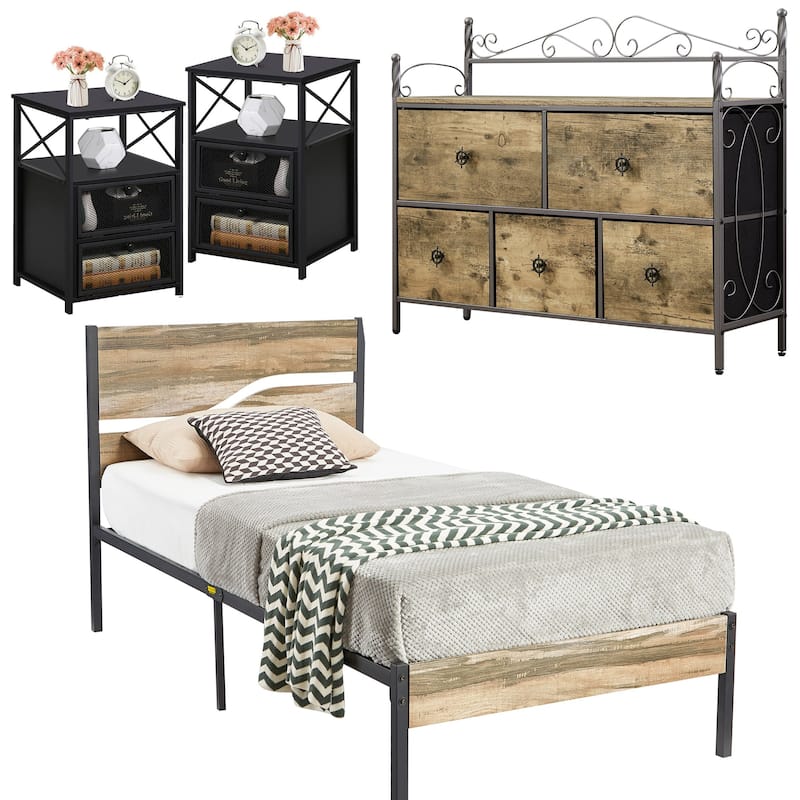 4-Pieces Bedroom Set with Drawer and Nightstands Set of 2, 5-Drawer Dresser, Brown/Grey Set