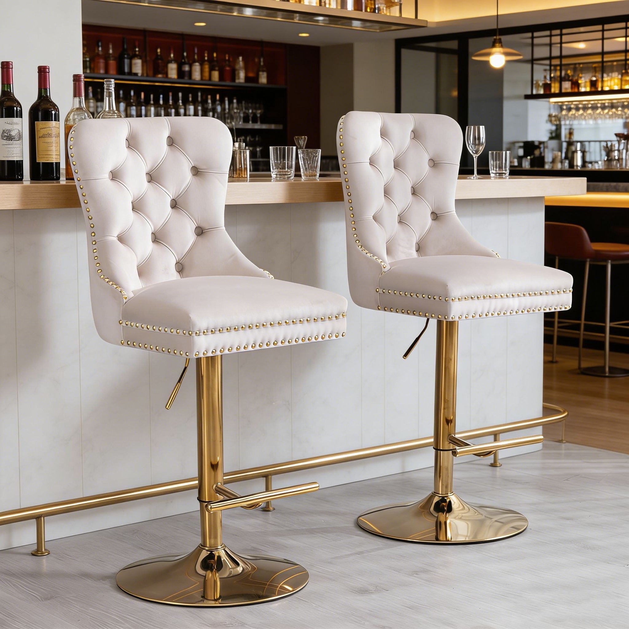 Modern Velvet Upholstered Swivel and Height-Adjustable Bar Stool with Padded Backrest and Metal Footrest