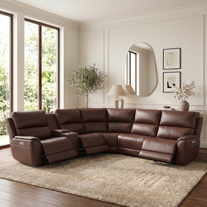6PCS, 3 power Recliners, Double Width Genuine Leather Reclining Sectional with Power headrest, Zero Gravity