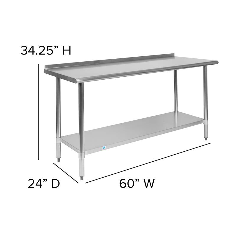 Stainless Steel 18 Gauge Work Table with Backsplash and Shelf, NSF