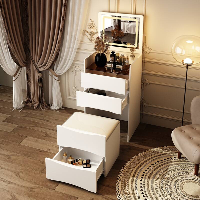 Makeup Vanity Table with Stool and LED Mirror 3-Color Lighting