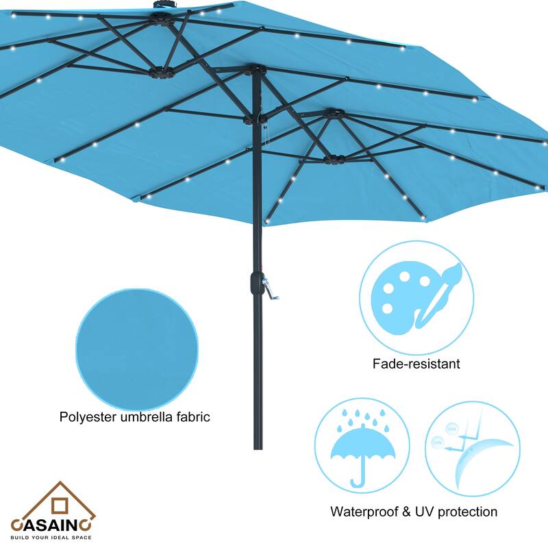 15-ft. Rectangular Crank Double-sided Outdoor Market Umbrella Solar LED Lighted Patio Umbrella with Base Included