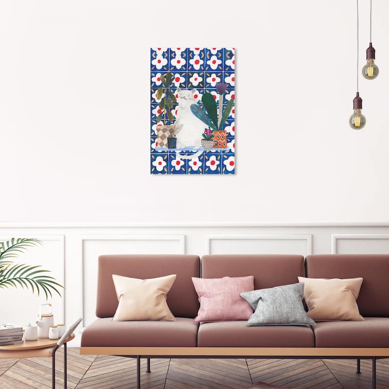 Wynwood Studio Canvas Floral and Botanical Cat in the Kitchen Green and Dark Green Rustic Wall Art Canvas Print - 30 x 20