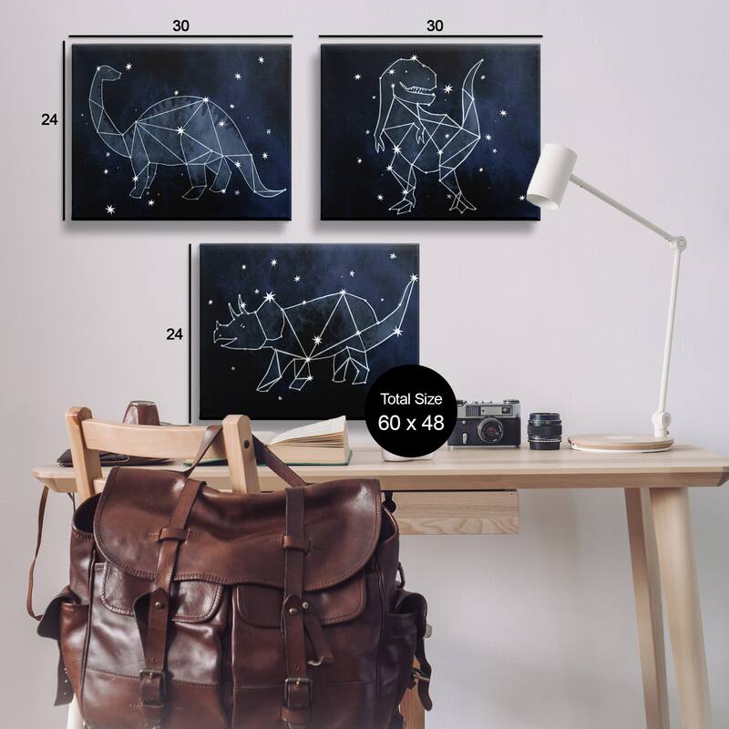 Stupell Night Sky Dinosaur Constellations Outer Space, 3pc Multi Piece Canvas Wall Art Set