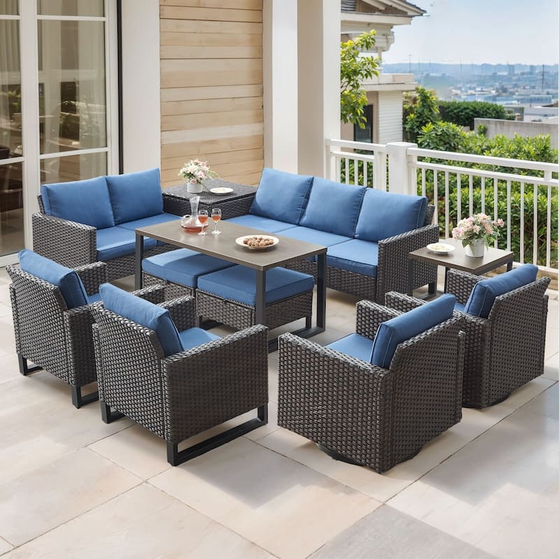 Gymojoy 9-11 Person Outdoor Courtyard Wicker Family Party Conversation Set Group With Swivel Chairs And 52" Table