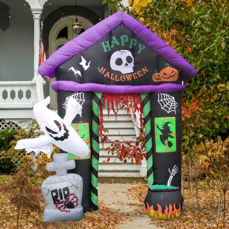 Haunted Hill Farm 9-ft. Prelit Inflatable Haunted House Arch with Ghost, Tombstone, and Cauldron