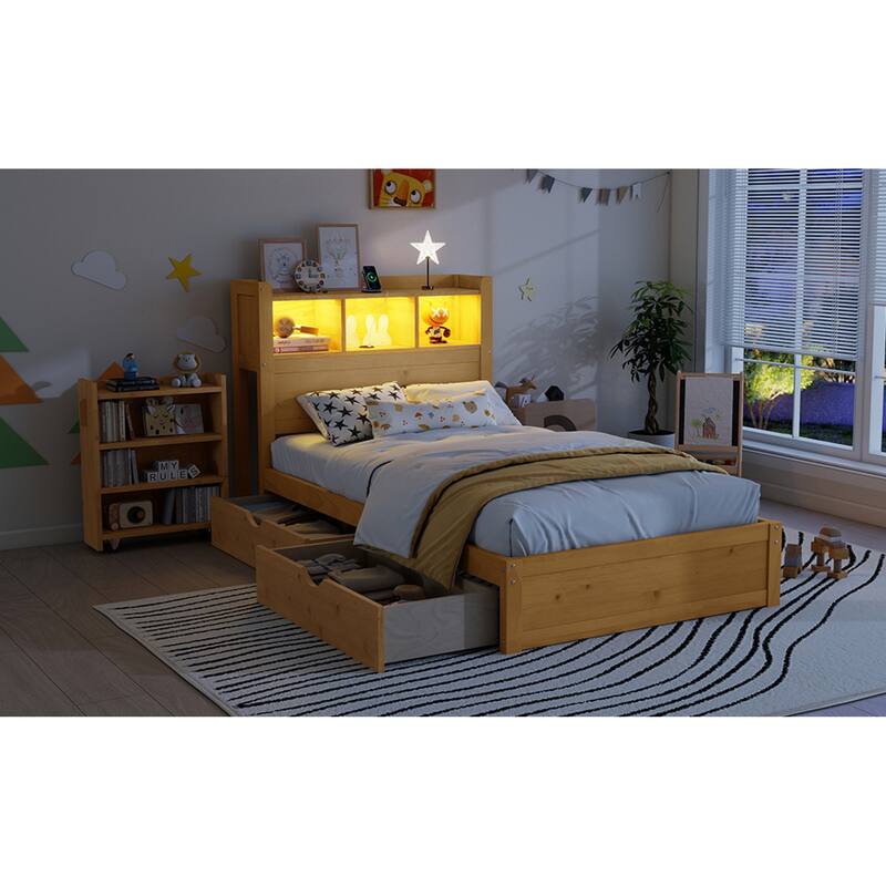 Roomfitters Twin/Full Platform Bed, LED Bookcase Headboard and Pull Out Storage Drawers with Wooden Frame for Bedrooms