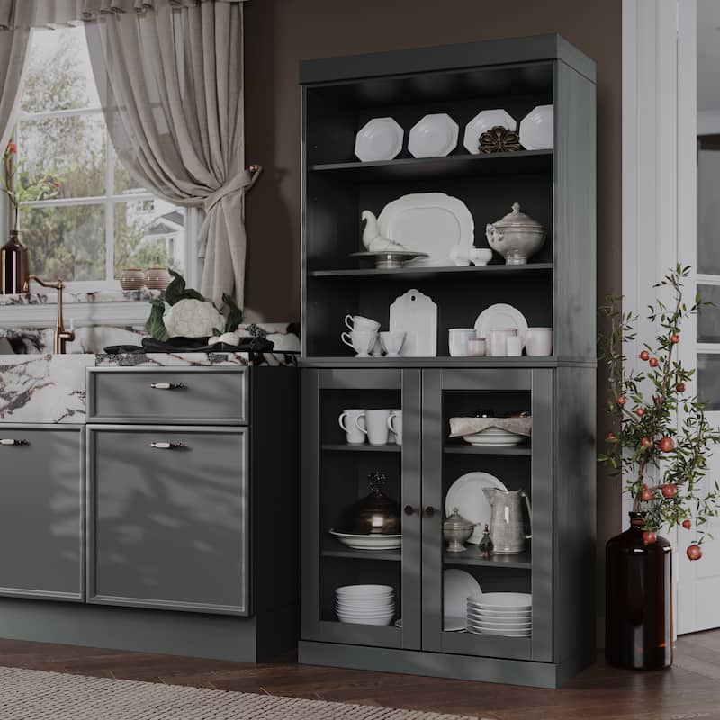 100% Solid Wood 32" Kitchen Pantry Cabinet with 2 Doors by Palace Imports - Gray - Clear Glass