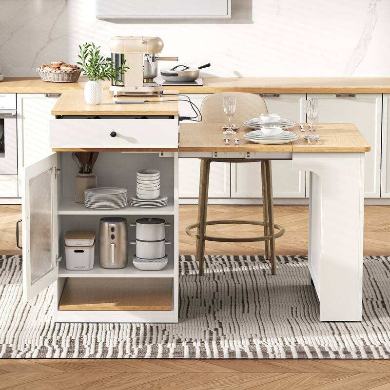 Kitchen Island with Extendable Dining Table, Kitchen Storage Table with 2 Drawers, Power Outlet, Open Shelves, for Diningroom