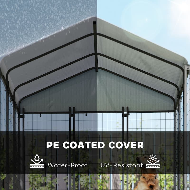 Silver-Black Steel Outdoor Dog Kennel with PE Cover and Large Area - 70.8" W x 70.8" D x 72" H