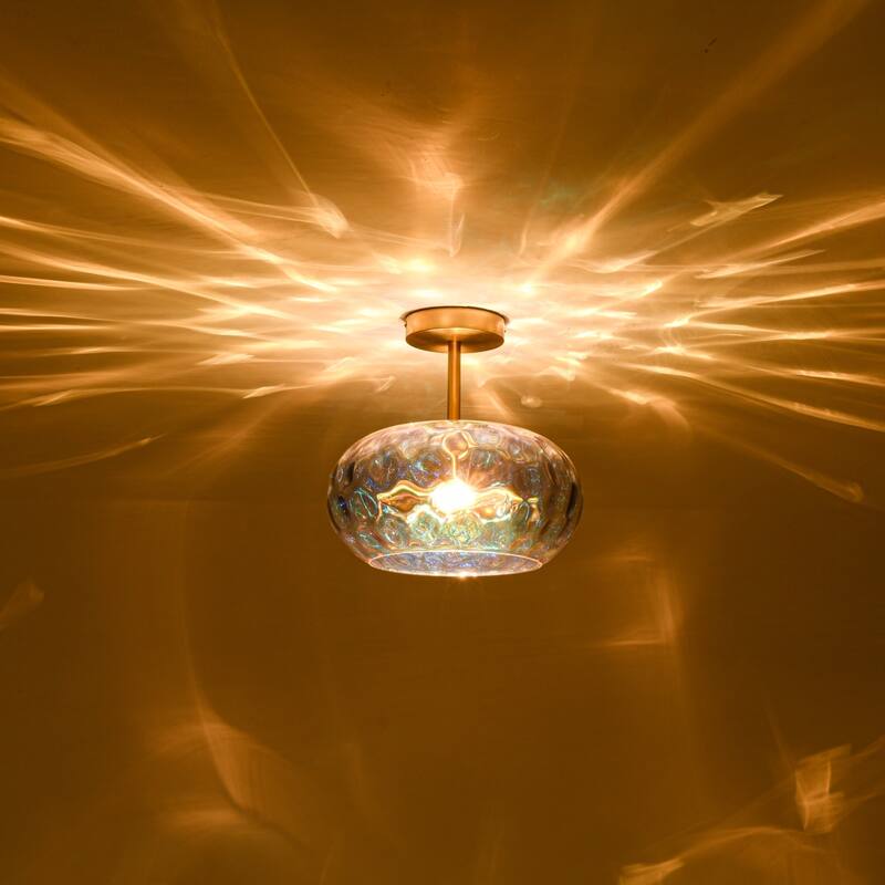 11.8" 2-Light Luxury Gold Semi-Flush Mount Ceiling Light with Hammered Glass Shade for Hallway, Bedroom