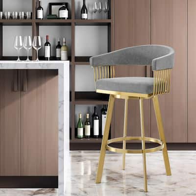 HomeRoots 30" Gray and Gold Fabric and Stainless Steel Low Back Bar Height Swivel Bar Chair