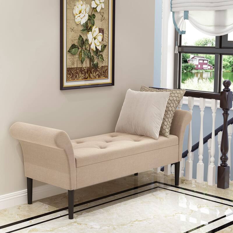 Storage Ottoman Bench with Arms Upholstered Tufted Storage Bench for Bedroom Entryway Bench Footstool with Large Storage - Tan