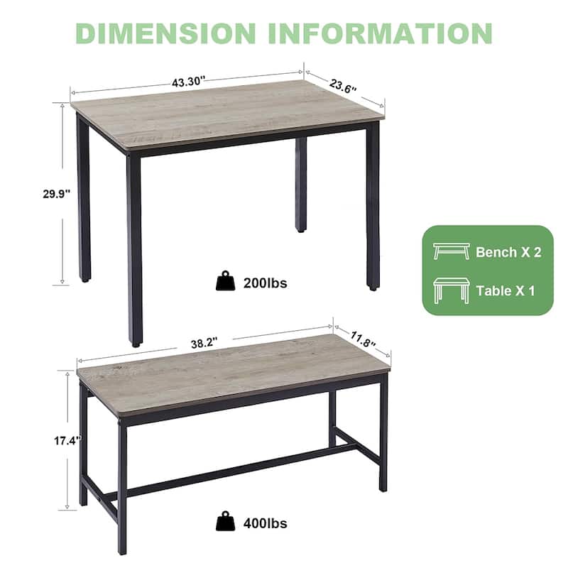 Dining Table Set, Wood Bar Table Set, Kitchen Table w/2 Benches - 3-Piece