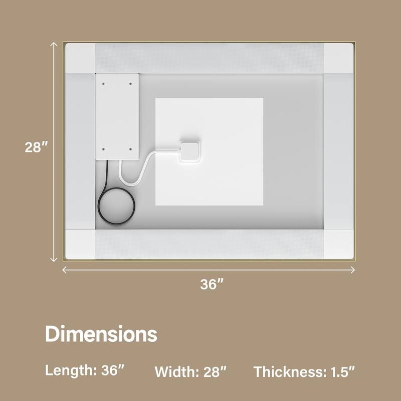 Gold-Silver LED Vanity Mirror with Tempered Glass, Defog and Dimmable Lights - 36" W x 28" H