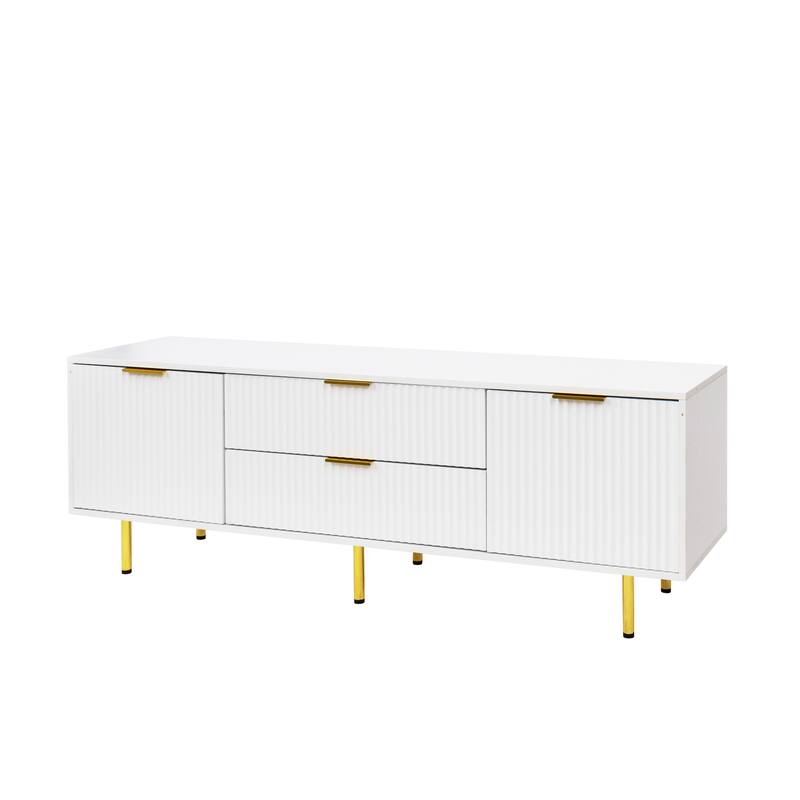 Roomfitters Modern White TV Stand, Warm White Media Console with Gold Legs and Storage Drawers for Living Room or Bedroom, White