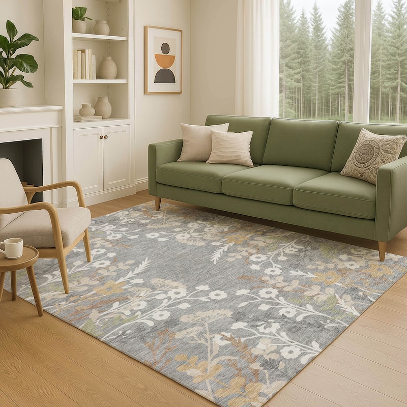Machine Washable Indoor/ Outdoor Floral Border Chantille Rug