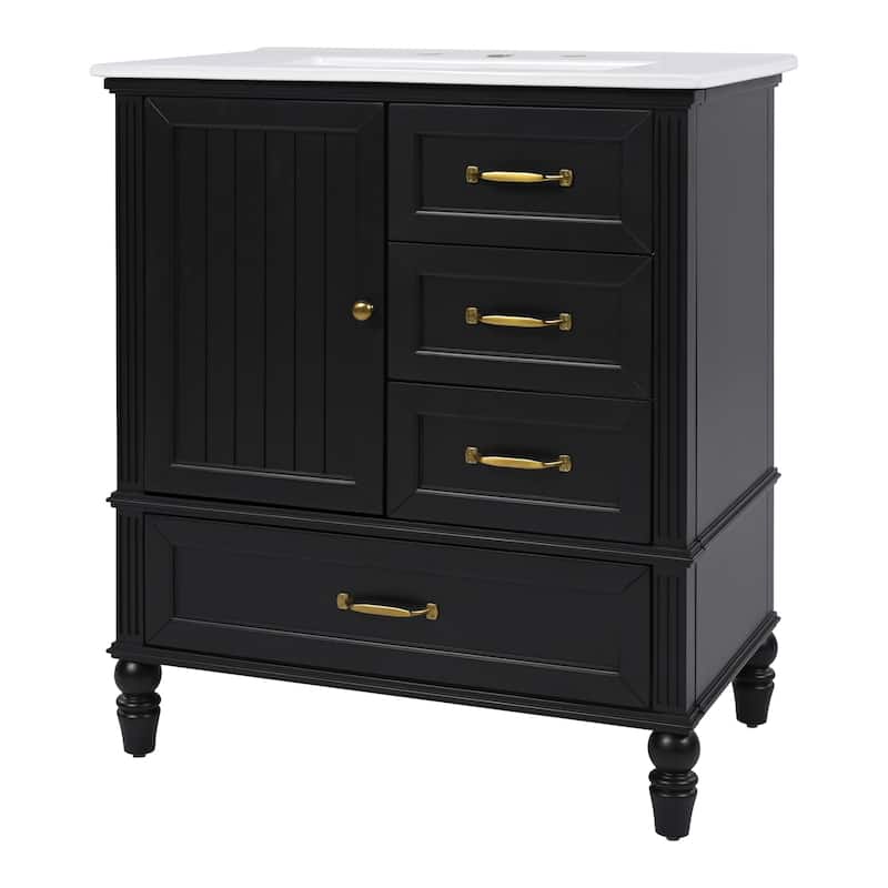 Roomfitters Bathroom Vanity with Sink, Single Door Cabinet and Three Drawers, Solid Wood Legs