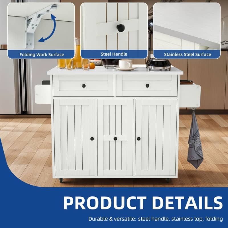 Moasis Mobile Kitchen Island Cart with Stainless Steel Ffolding Tabletop and Storage