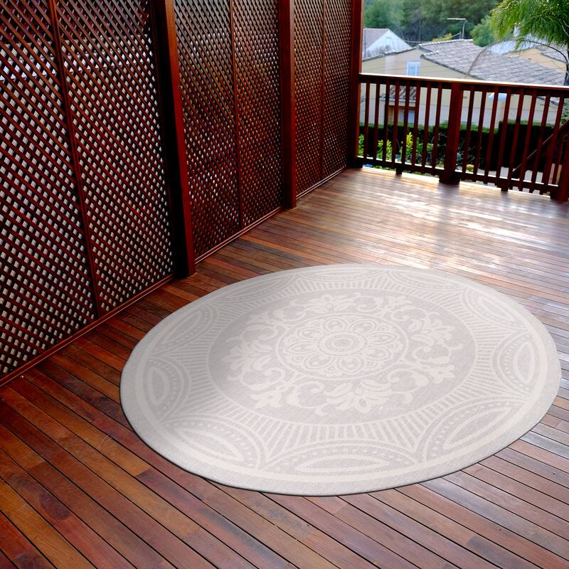 Beverly Rug Grey Medallion Indoor Outdoor Rug, Outside Carpet for Patio, Deck, Porch