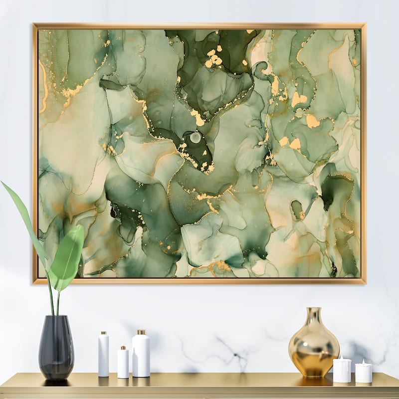 Designart "Green Luxury Abstract Fluid Art I" Modern Framed Canvas Wall Art Print
