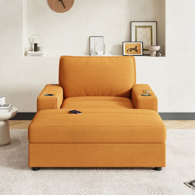42.8" Oversized Chaise Lounge Chair with Storage Ottoman, Corduroy Sofa Bed with Cup Holders & USB Charging Port