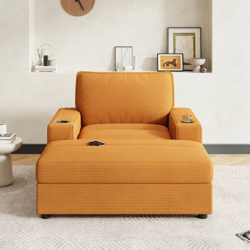 Roomfitters Oversized Chaise Lounge Chair with Storage Ottoman and Built-in USB Charging Port, Corduroy Sleeper Couch
