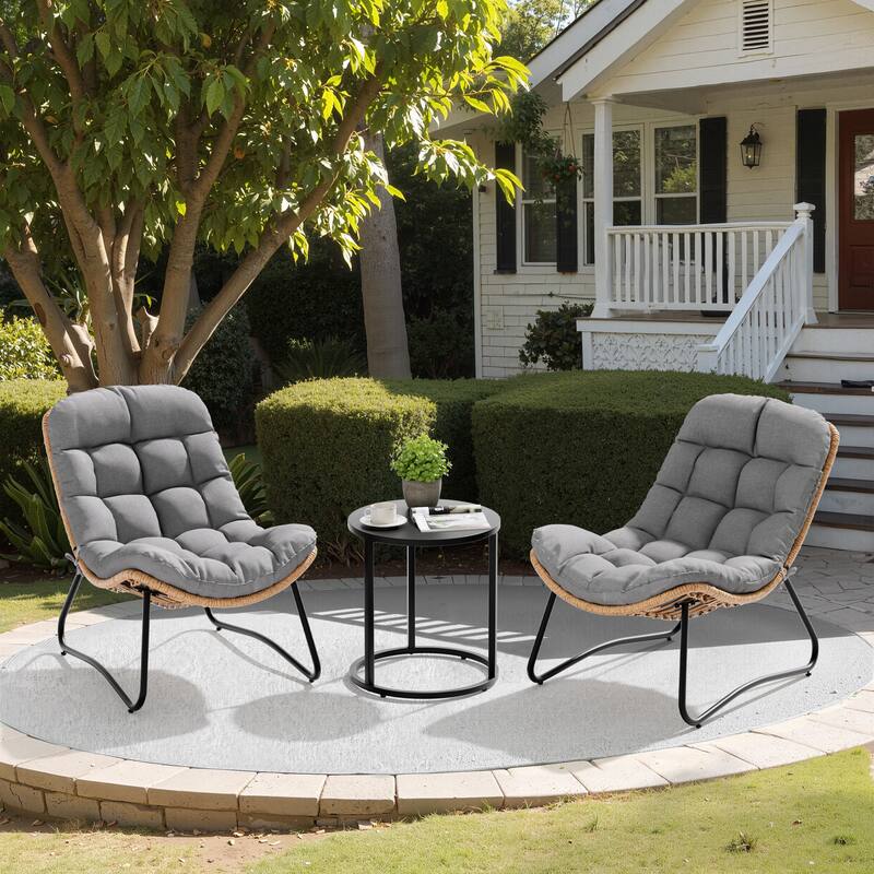 2-Piece Papasan PE Rattan Chair with Cushion For Indoor Outdoor - Dark Grey