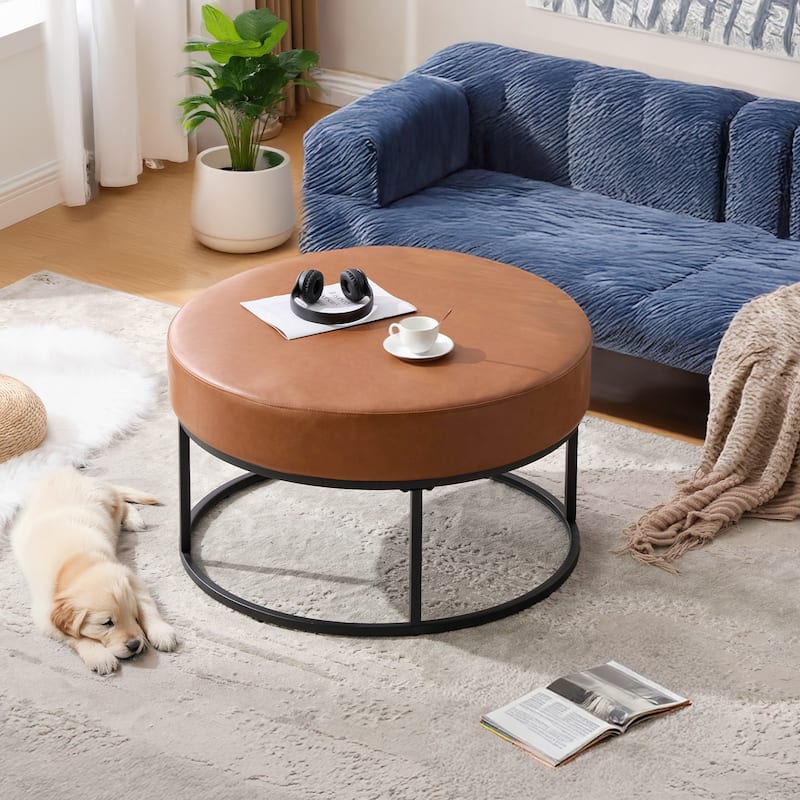 Faux Leather Round Ottoman for Living Room with Metal Legs