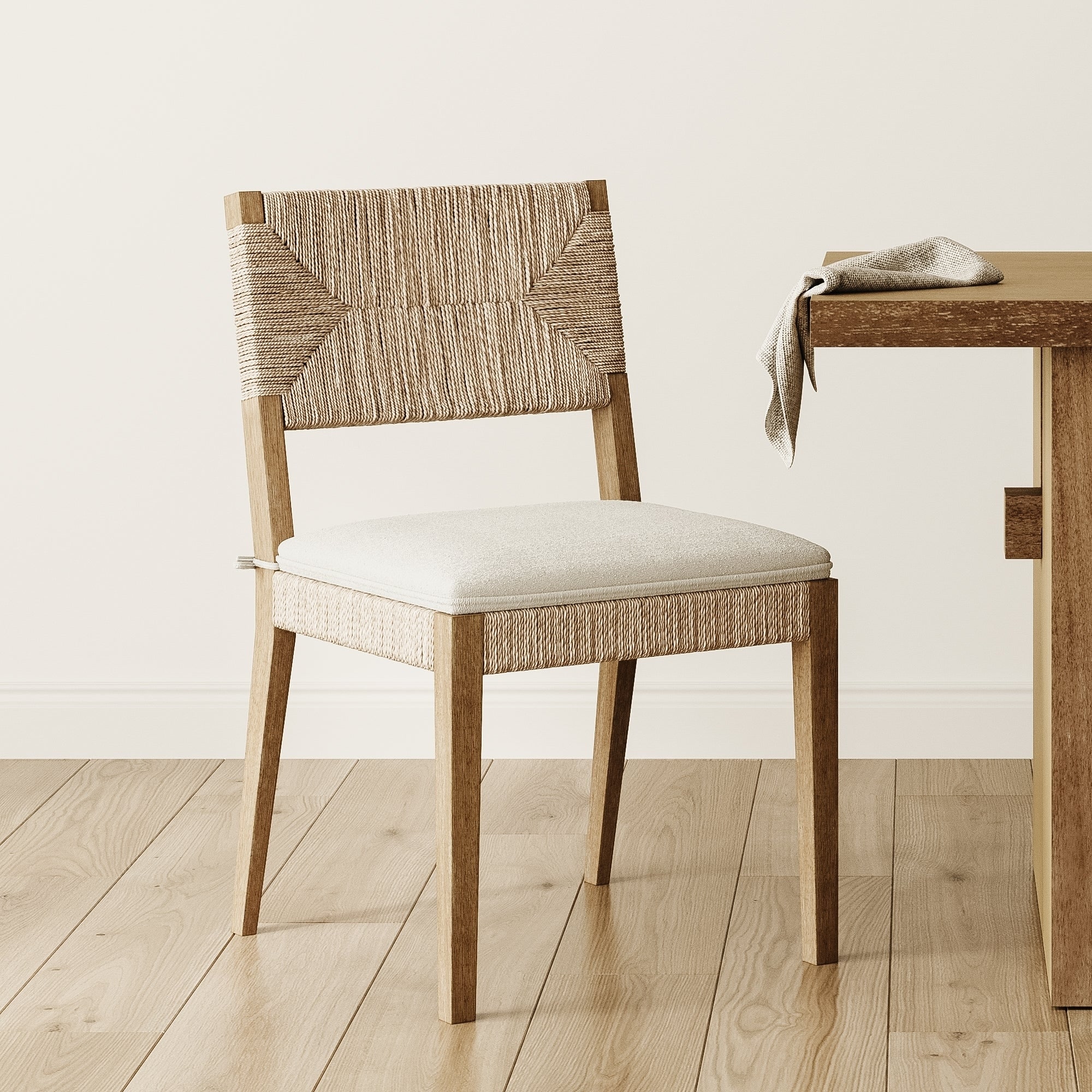 Beacon Boho Dining Chair with Boucle Seat, Seagrass Accent and Solid Wood Legs