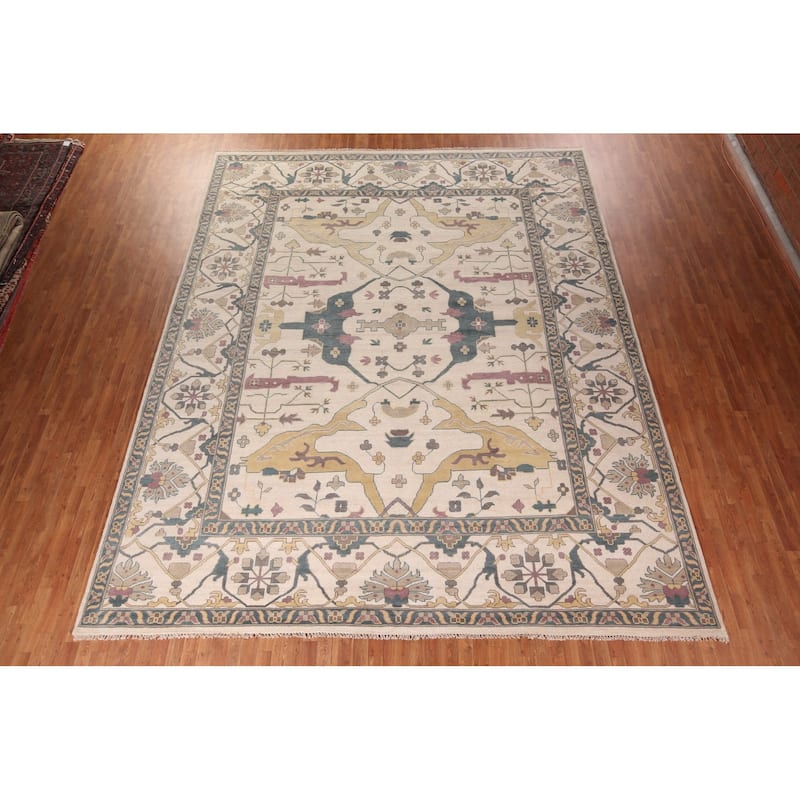 All-Over Ivory Oushak Indian Large Area Rug Handmade Wool Carpet - 12'0" x 14'10"