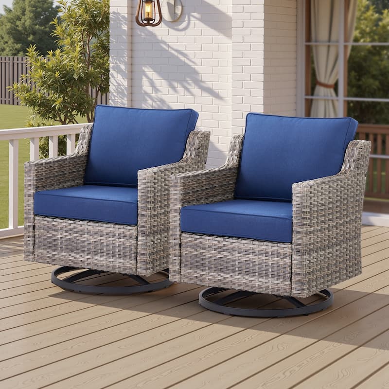 Pocassy Outdoor All-Weather Outdoor Sofa, Swivel Chair, Ottoman Sets - Grey Wicker Blue Cushion - 2 Pieces Swivel Chair