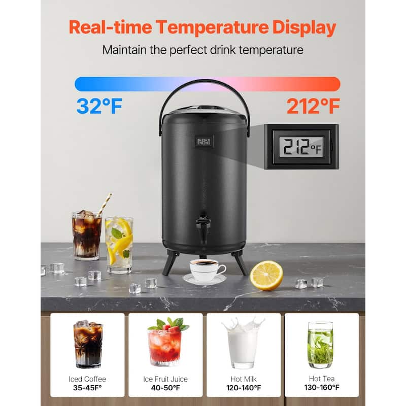 3.2 Gal Stainless Steel Insulated Beverage Dispenser with Temp Display for Hot Cold Drink Serve - 9.45 x 9.45 x 14.57 inch