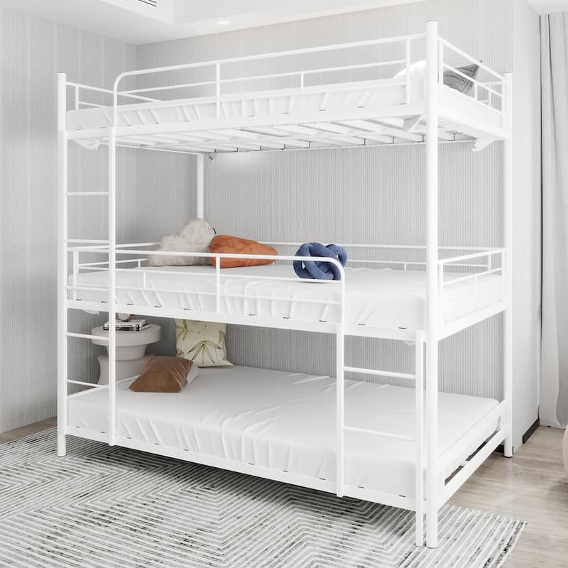 Heavy-Duty Triple Frame Bed With Built-In Ladder And Full-Length Railing, Floor Safe For Children/Teens, No Springs Required