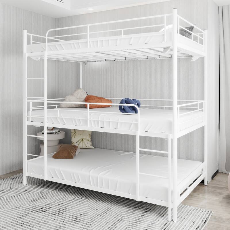 Twin Size Triple Bed Frame with Built-in Ladder and Full-Length Railing for Multiple Kids Children's Room - White - Twin