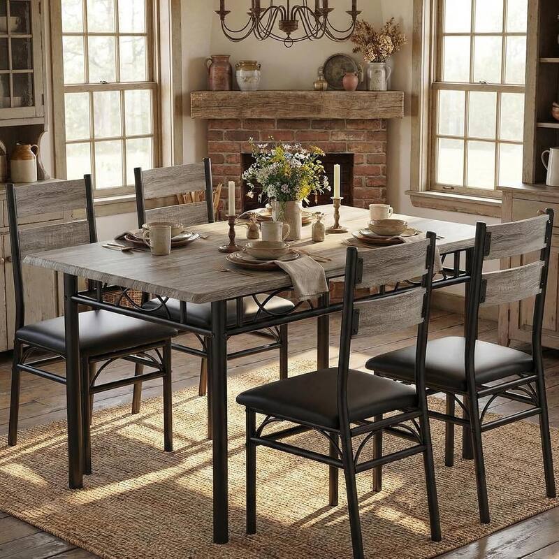 5 Piece Kitchen Dining Table and Chairs Set for 4 for Apartment Dining Room - Grey