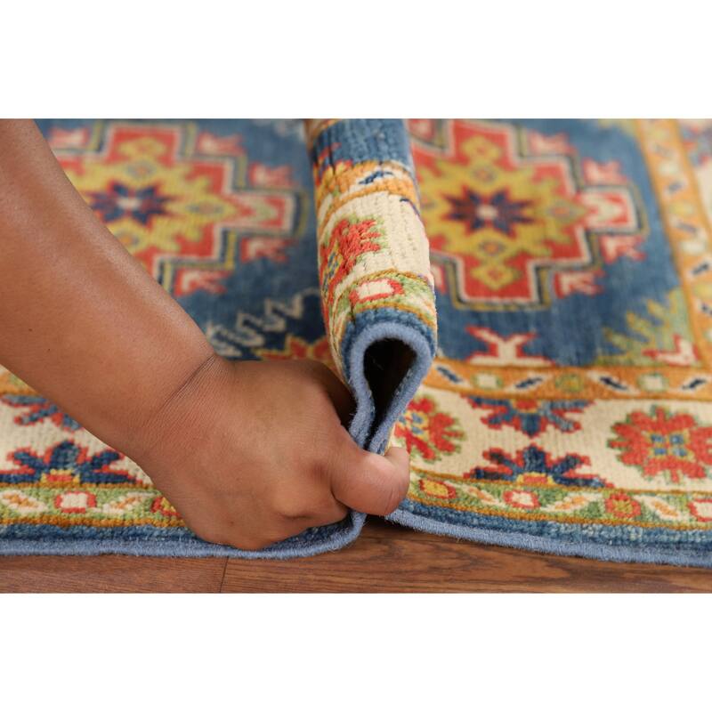 Blue Geometric Kazak Oriental Accent Rug Hand-Knotted Wool Carpet - 1'11" x 3'0"