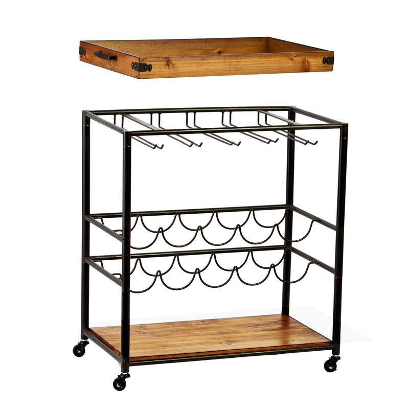 Mobile Kitchen Bar Cart with Solid Wood Surface and Metal Frame Wine Storage and Removable Tray - 32.5"H x 28"W x 16"D