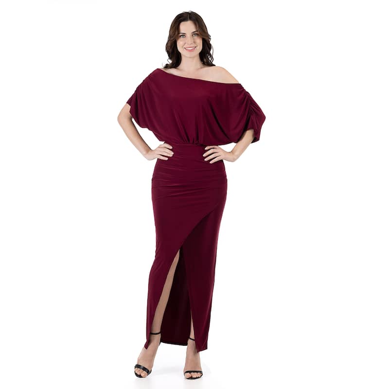 24seven Comfort Apparel Womens Boat Neck Batwing Sleeve Slit Maxi Dress - Red - S