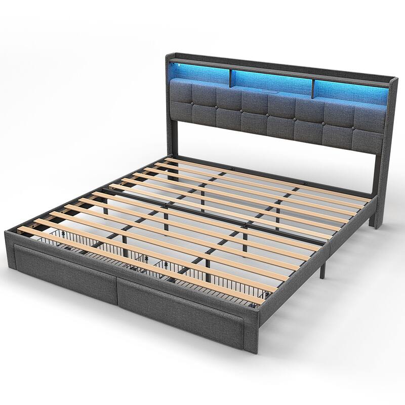 King Size Upholstered Platform Bed with LED Lights, Charging Station & Storage Headboard, No Box Spring Needed
