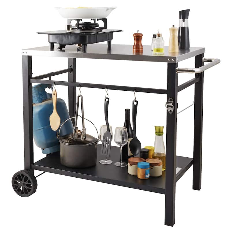 Multifunctional Stainless Steel Outdoor Grill Dining Cart with Double Shelf and Blow Molded Wheels - 39.37 x 25.19 x 32.87 inch