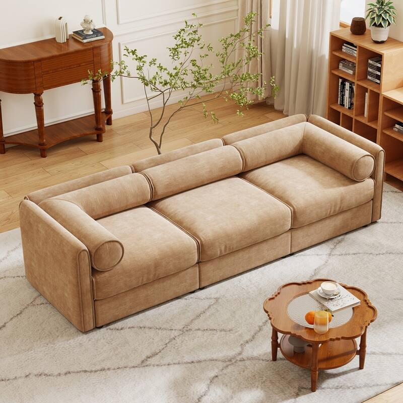 Cylindrical Backrest and Armrests Chenille Sofa with Storage Seat