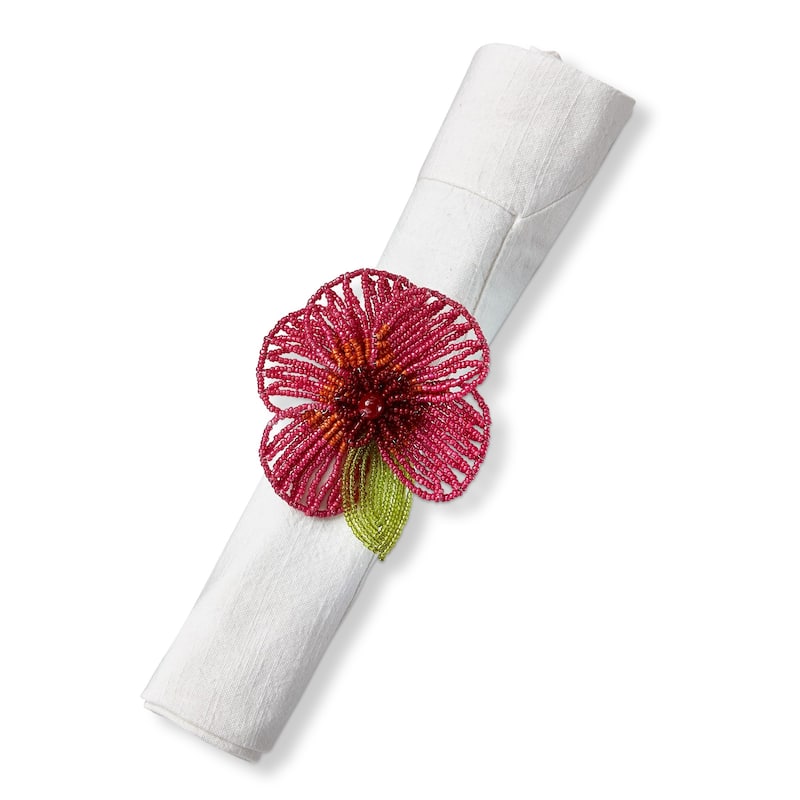 Glass Beaded Flower Napkin Ring Fushsia Pink, 3.5L x 2.0W x 2.0H