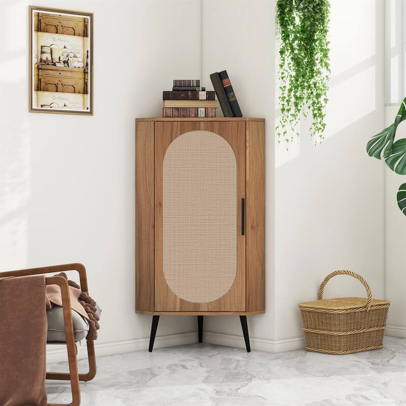Freestanding Corner Cabinet with Rattan Door