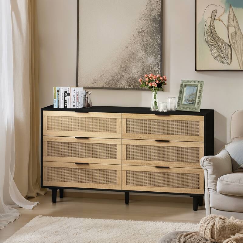 6-Drawers Rattan Storage Cabinet - 51.18"Black