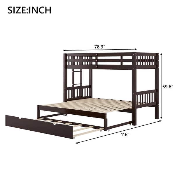 dimension image slide 0 of 2, Twin Over Pull-Out Bunk Bed with Trundle, Solid Wood Twin Over Twin/Double Twin Bunk Bed with Ladder and Full-Length Guardrail