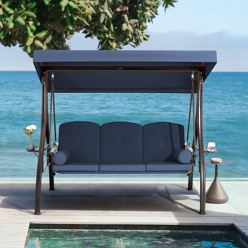 3-Seat Patio Swing with Adjustable Canopy, 750lbs Heavy Duty, Convertible Outdoor Bed, All-Weather, Cup Holders & Thick Cushions - Blue